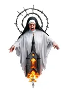 Nun floating above a Church engulfed in flames with a halo of razor wire, anguish and pain on her face.  tattoo design idea