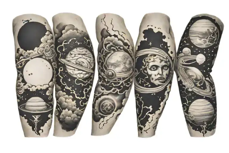 black clouds with lightning everywhere and planets all over the arm tattoo design idea