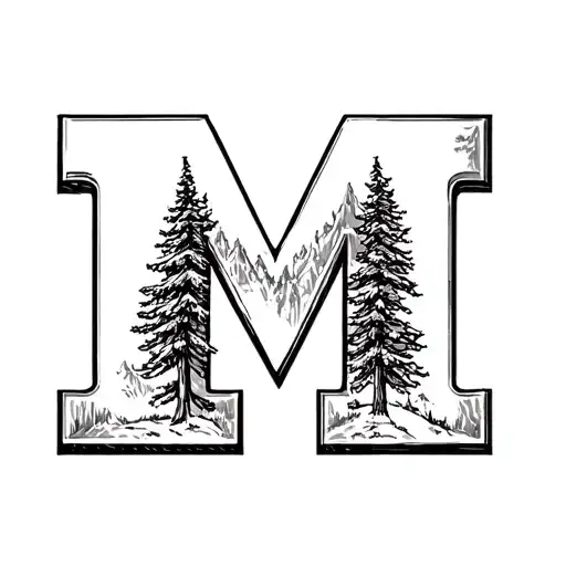 black and white university of michigan "M" incorporating pine trees tattoo design idea
