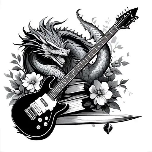 dragon, book, sword, flowers, electric guitar tattoo design idea