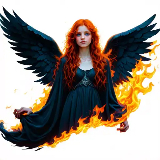 red -haired girl with angel wings in fire tattoo design idea