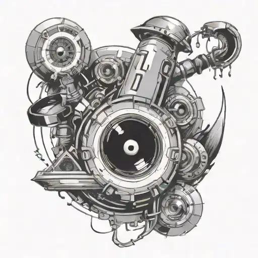 A tattoo featuring a black hole that sucks in object with cassette, saxophone, reference ac/dc, pikachu tail... tattoo design idea