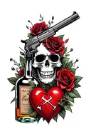 skull with roses and liquor bottle and gun with broken heart tattoo design idea