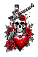 skull with roses and liquor bottle and gun with broken heart tattoo design idea