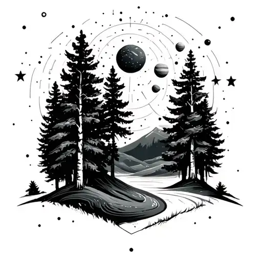 birch forest landscape in space with stars and planets that includes pulsar map tattoo design idea