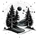 birch forest landscape in space with stars and planets that includes pulsar map tattoo design idea