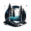 birch forest landscape in space with stars and planets that includes pulsar map tattoo design idea