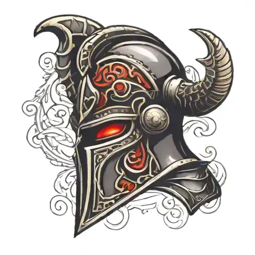 gladiator helmet with glowing red eyes tattoo design idea
