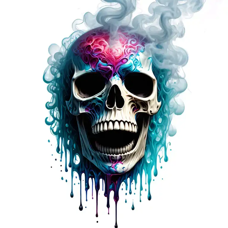 skull with the top of the head becoming  smoke and the jaw becoming liquid and dripping tattoo design idea