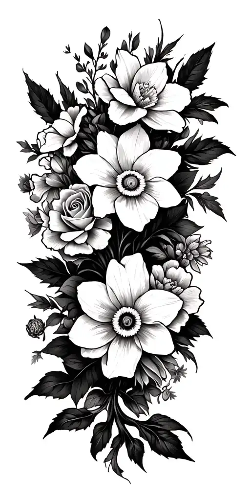 leg sleeve. flowers and vines of paperwhite narcissus, carnations, marigolds, and roses tattoo design idea