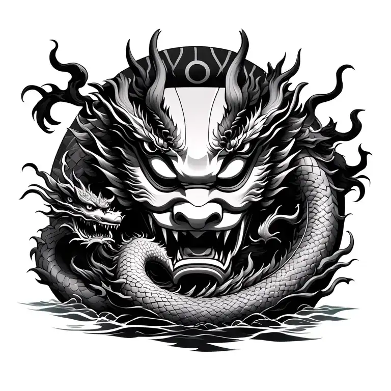 river of life, japan dragon  wrapping round the river. oni mask in background tattoo design idea