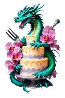 dragon wrapped around a cake, holding baking utensils with orchids tattoo design idea