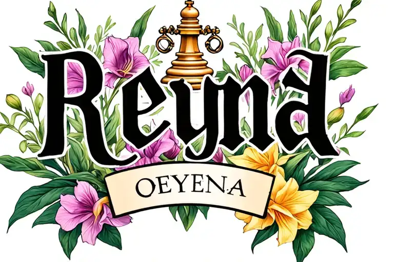 Queen chess piece with Reyna lettering in the middle and gladiolus flowers  tattoo design idea