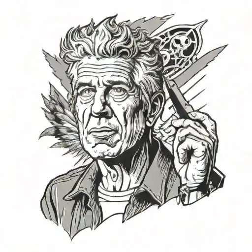Anthony Bourdain two face with knife in mouth  tattoo design idea