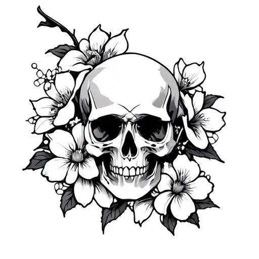 Sakura skull and flowers tattoo design idea