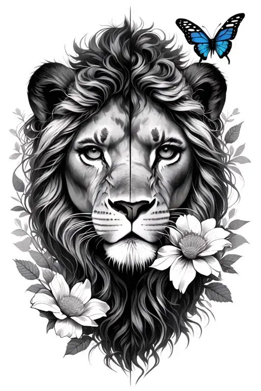 Half Women, Half Lion with butterflies and flower surrounding  tattoo design idea