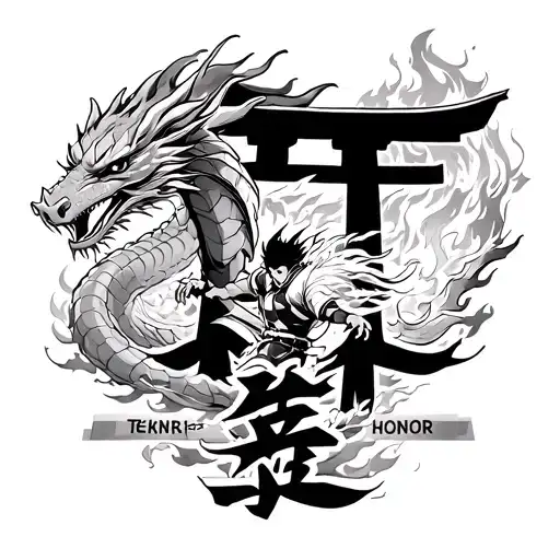 Fire dragons, a burning torii gate, and Akira from Tekken with Kanji for strength (強さ) and honor (名誉)." tattoo design idea
