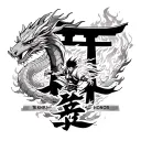 Fire dragons, a burning torii gate, and Akira from Tekken with Kanji for strength (強さ) and honor (名誉)." tattoo design idea