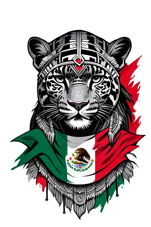 aztec jaguar warrior with Mexican flag intertwined tattoo design idea