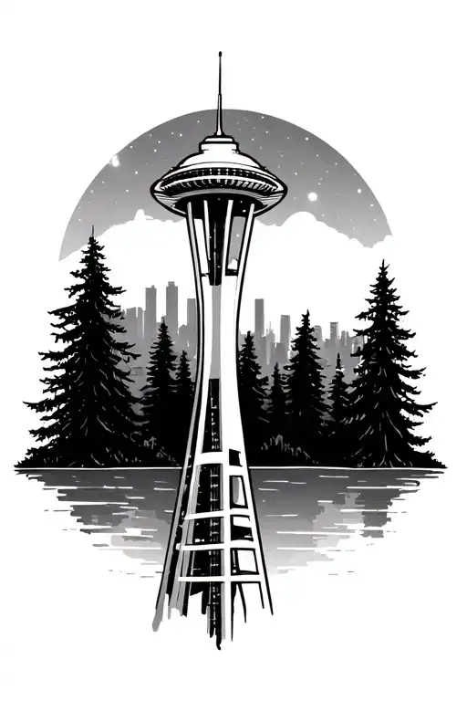 Seattle Washington evergreen trees and space needle tattoo design idea