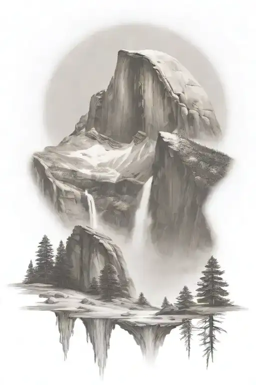 half dome below mt whitney  with waterfall and a trail leading up the middle tattoo design idea