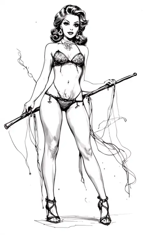 pin up girl full body black and grey holding long stick between legs tattoo design idea
