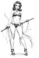 pin up girl full body black and grey holding long stick between legs tattoo design idea