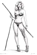 pin up girl full body black and grey holding long stick between legs tattoo design idea