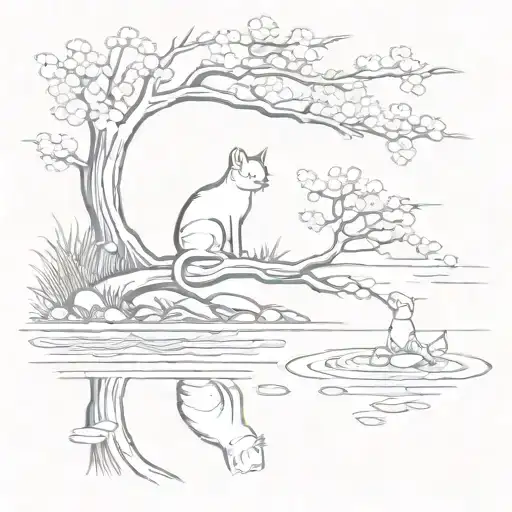 pond with a cherry blossom tree and cat reaching into water to catch fish  tattoo design idea