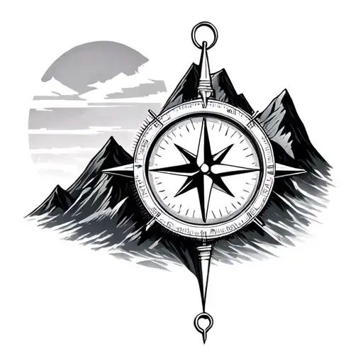 compass with mountains tattoo design idea