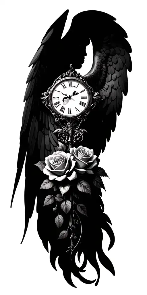 Archangel Michael, roses, clock, lipstick tattoo design idea