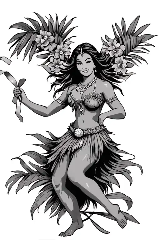hula girl dancing gracefully holding ribbon tattoo design idea