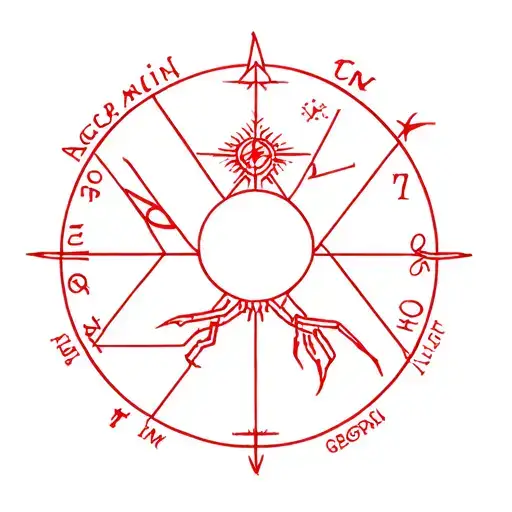 Create a tattoo for me with fine red lines, blending the astrological signs of Aquarius, Cancer, and Scorpio. tattoo design idea