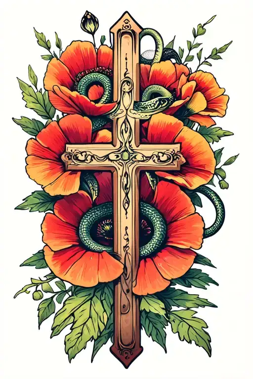 Vintage cross with snake and poppy flowers tattoo design idea