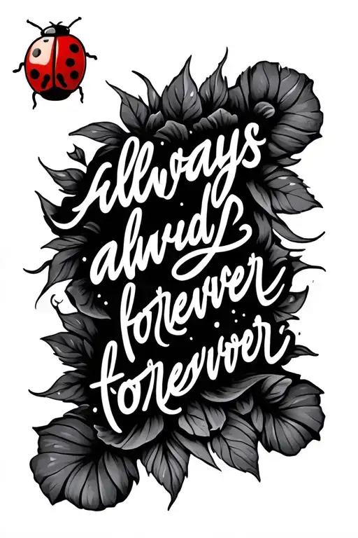 Thin words "always and forever" attached to ladybug flying away tattoo design idea