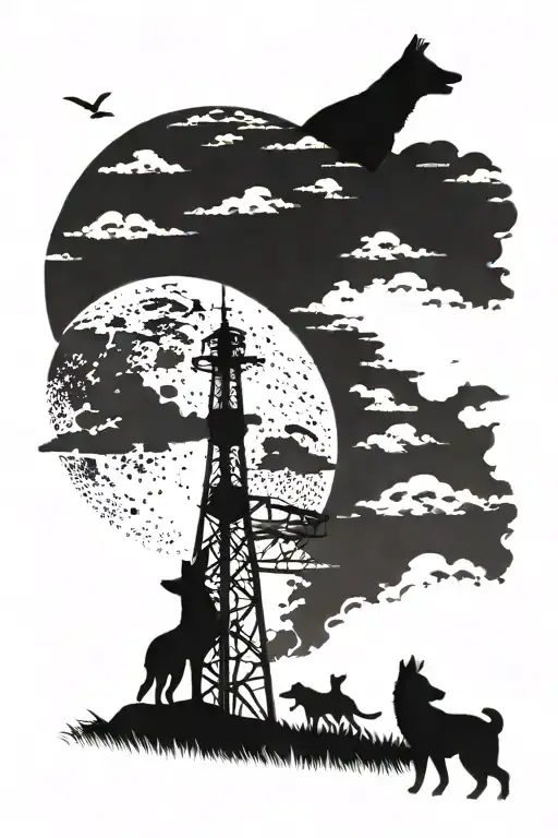 A pack of wild dogs howling at the moon with a silhouette of a cell tower in the background tattoo design idea