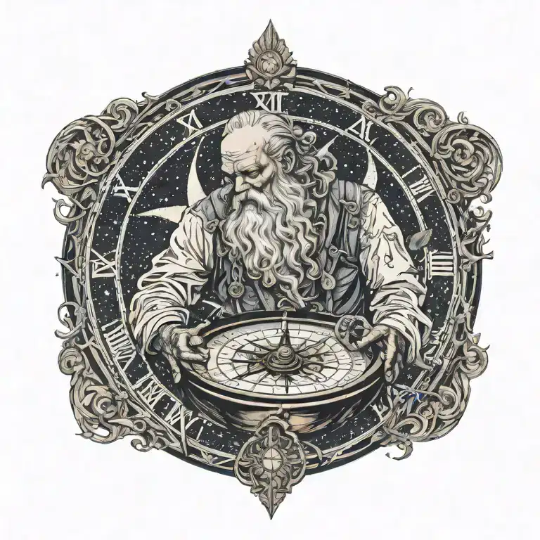 Father Time with tattoos, crying, holding a nautical compass, starry night background  tattoo design idea