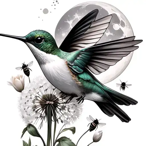 hummingbird, moon, tulips, bees, dandelion flower tattoo design idea