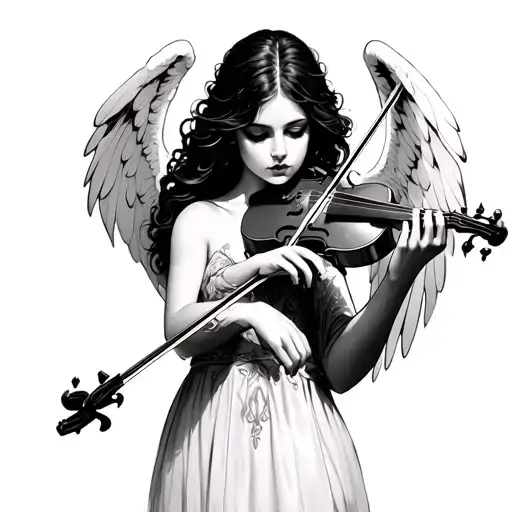 A dark angel playing a violin in a gothic style tattoo design idea