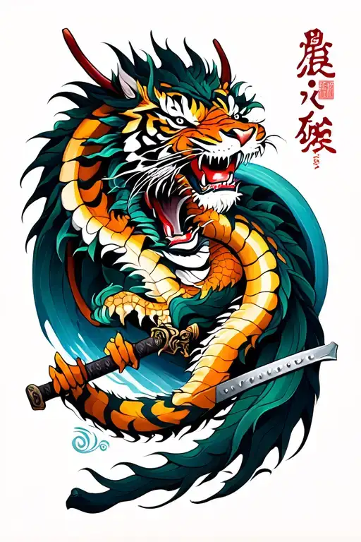 "Dievas visagalis " Japanese style. life and death. Gods. dragon, skane and tiger fight. Honor. katana. deep meaning. Mistery tale. tattoo design idea