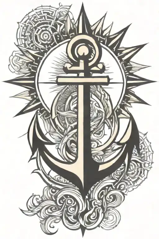 anchor, sun and fire tattoo design idea