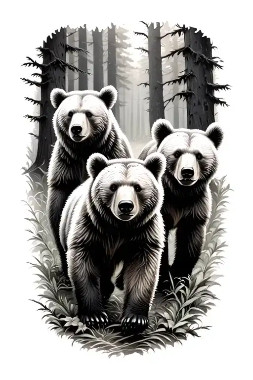 3 bear cubs walking in a forest tattoo design idea