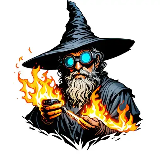 Small Wizard wearing welding goggles casting fire tattoo design idea