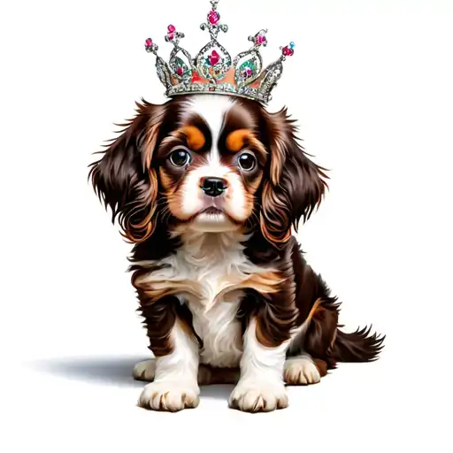 King Charles Cavalier brown and white puppy with tiara sitting alone tattoo design idea