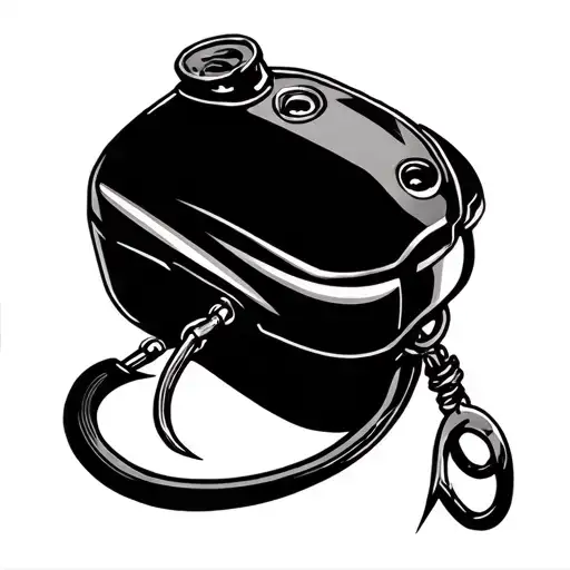 Harley gas tank attached to fishing hook tattoo design idea