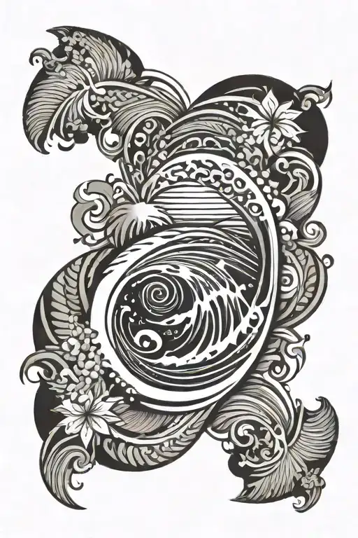 merge Hawaiian tribal with ocean waves tattoo design idea