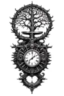 midevil tree of life, steampunk libra scale, old harley engine & time tattoo design idea