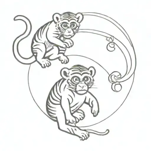 Two monkey's hovering over a tiger cub playing with a ball tattoo design idea