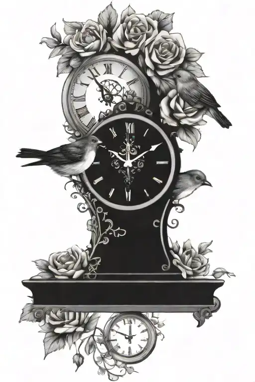 three clocks and flowers intertwined with a robin  tattoo design idea