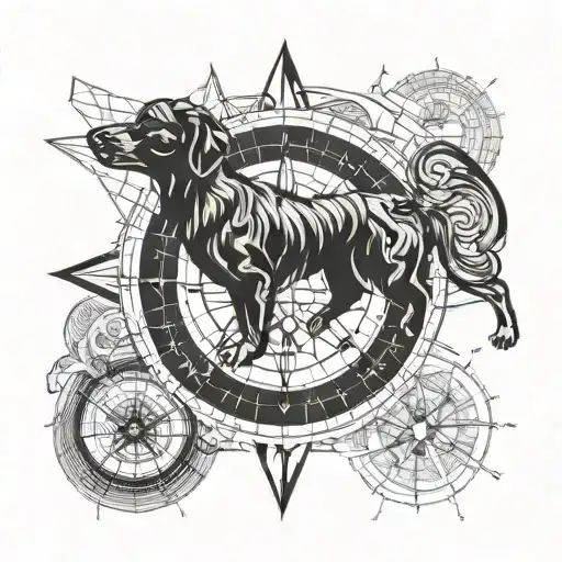 A compass rose with intricate map details representing adventurous discoveries, incorporating a silhouette of a playful dog in the center tattoo design idea